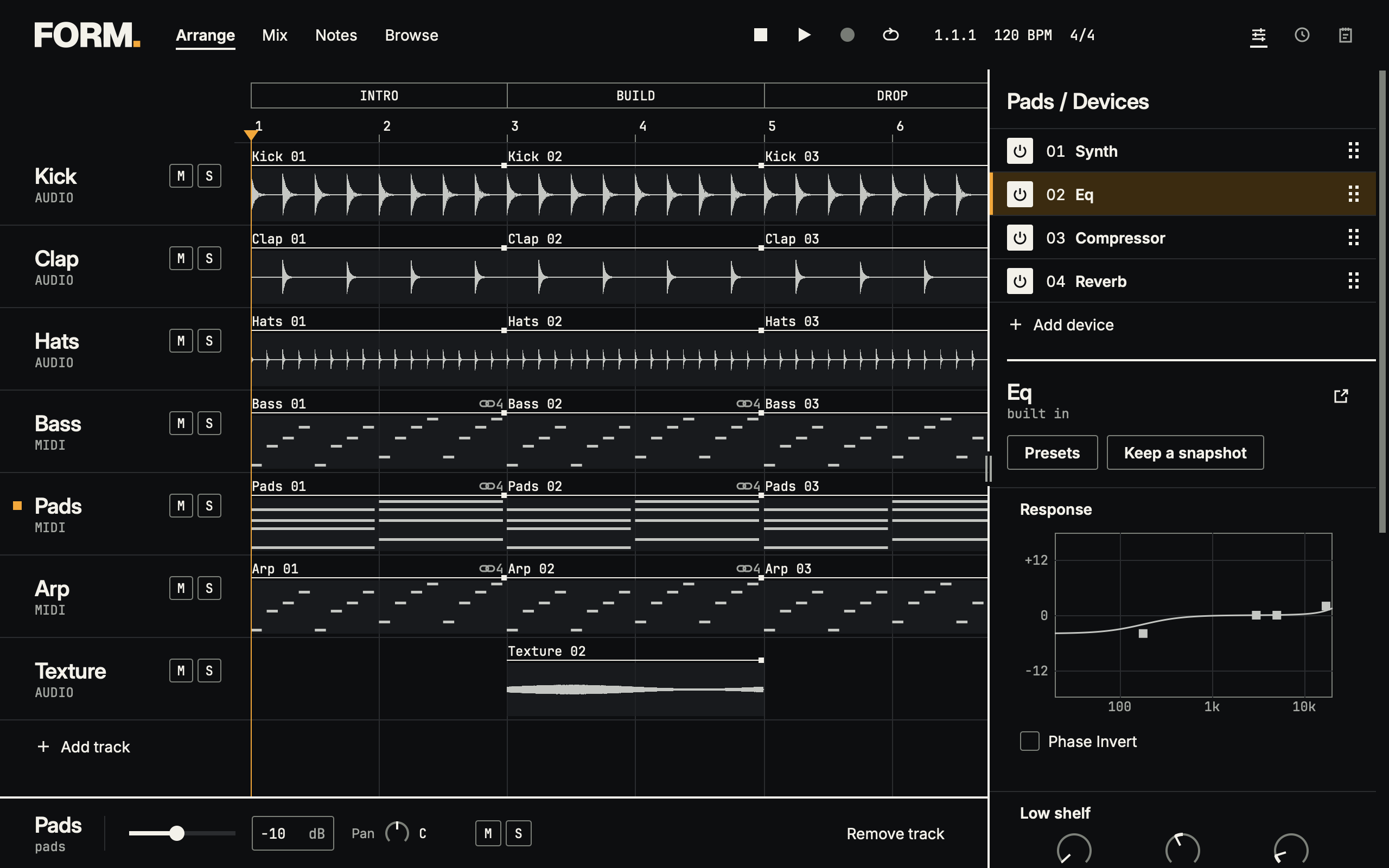 FORM Amber dark workspace showing Afterglow with drums, bass, pads and arpeggios, and the pad effects inspector open.