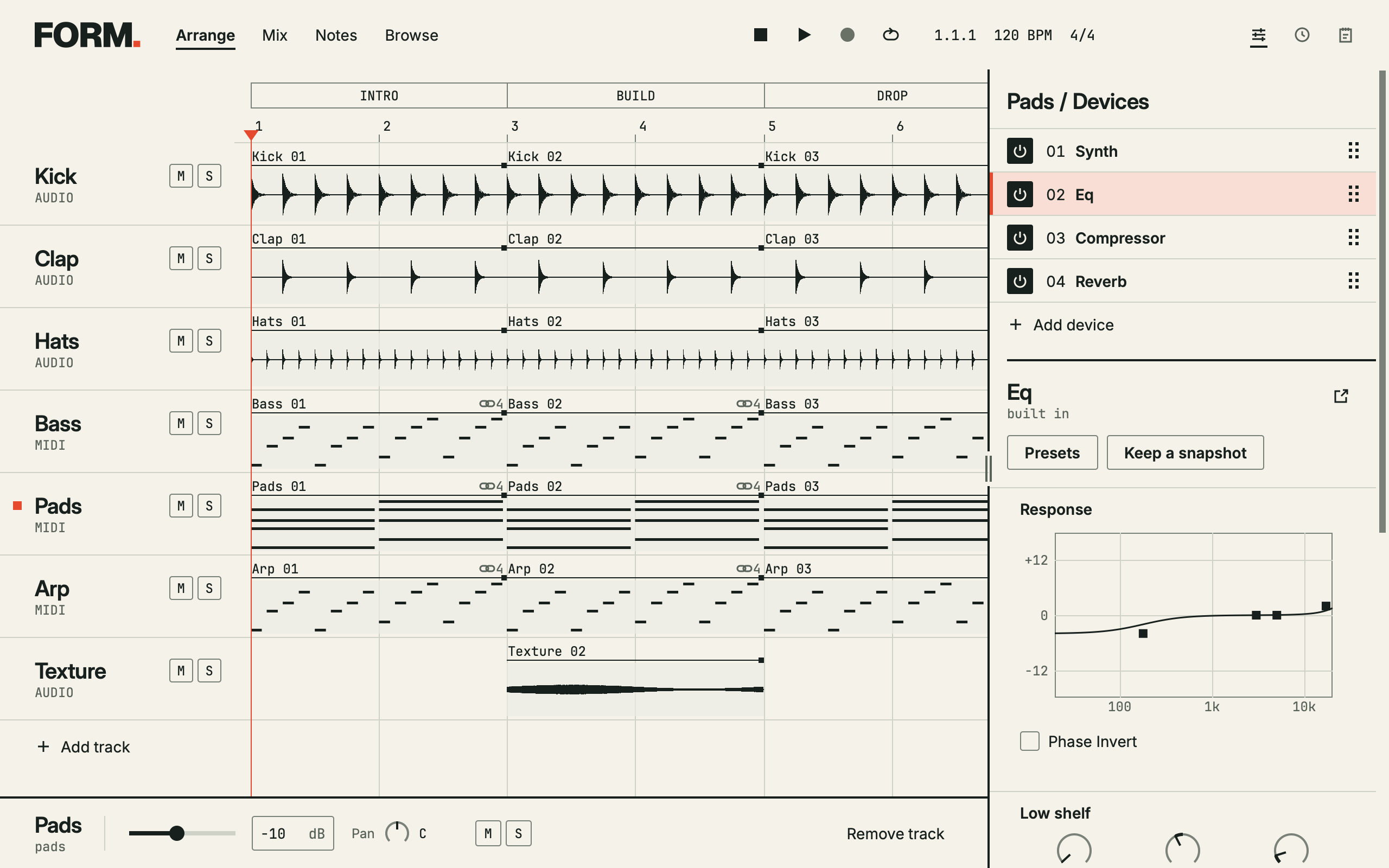 FORM light workspace showing Afterglow with drums, bass, pads and arpeggios, and the pad effects inspector open.